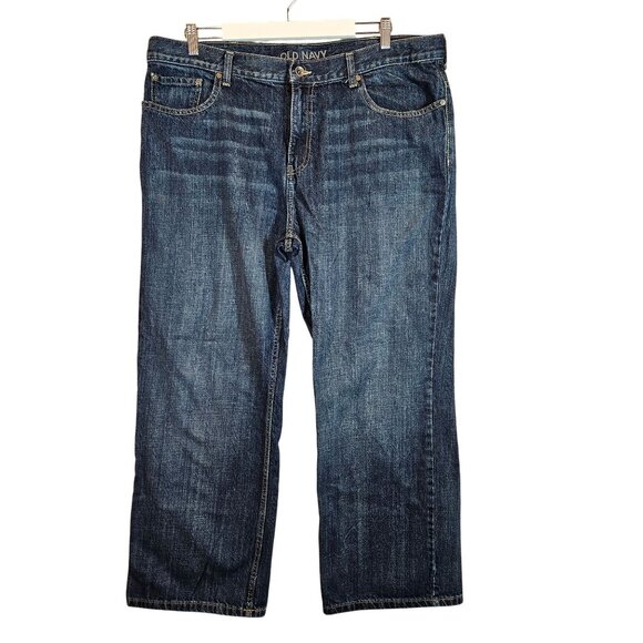 Old Navy Mens 40W 30L straight loose wide leg  Dark Blue Denim Jeans hipster - Picture 1 of 13